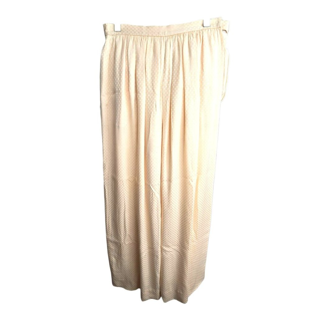 Vintage Chanel Womens Beige Silk Wide-Leg Pants Size 6 Logo Gathered HS171